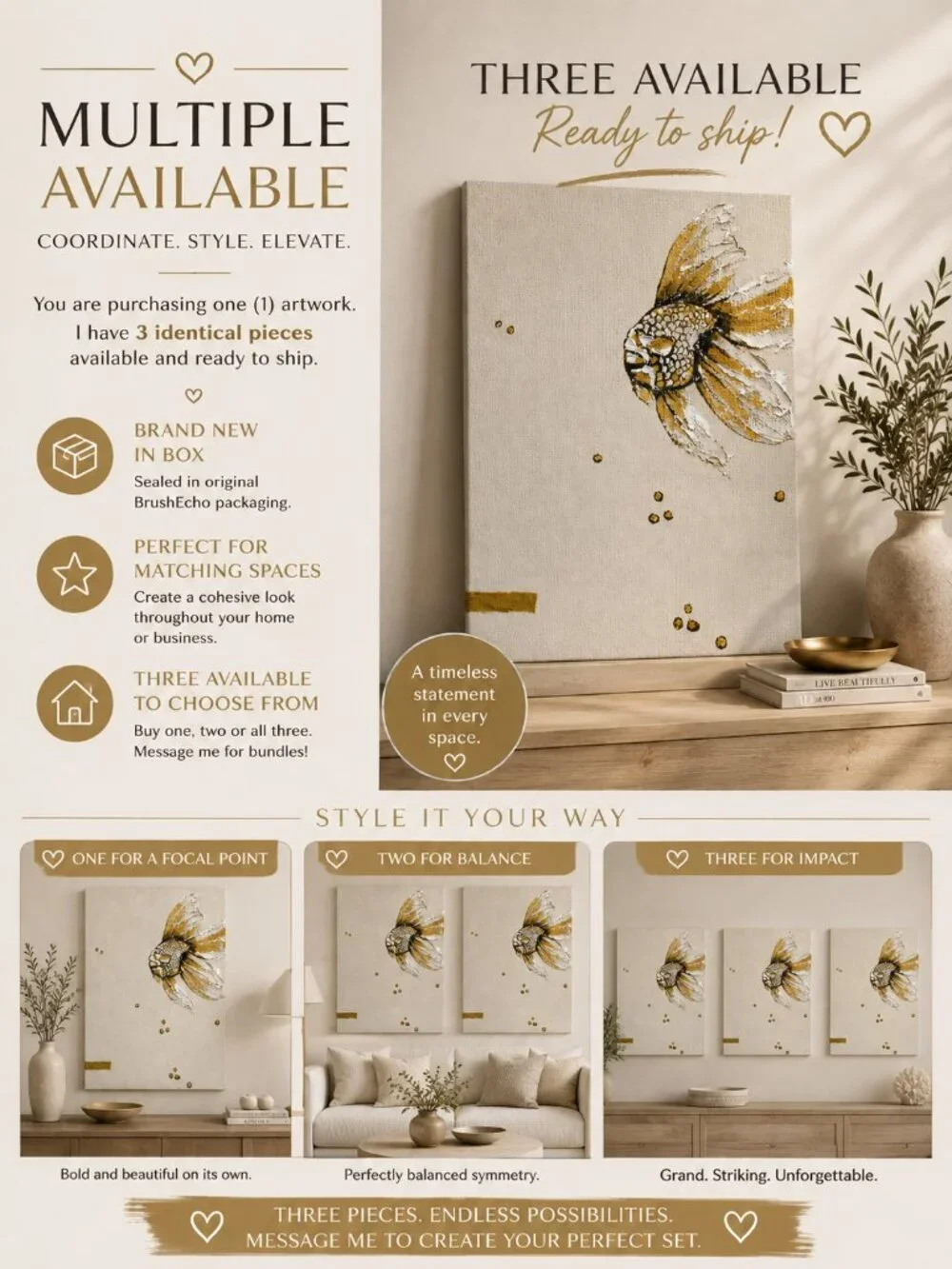 BrushEcho Gold Fish Textured Canvas Wall Art Cream Gold New in Box